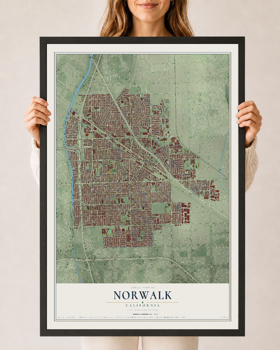 Map of Norwalk, California, 24 x 36 inch print in a black wood frame