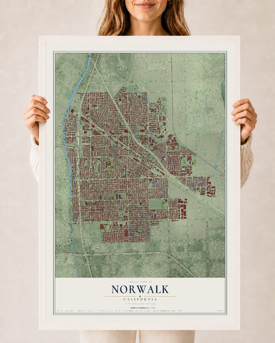 Map of Norwalk, California, 24 x 36 inch print in a white wood frame