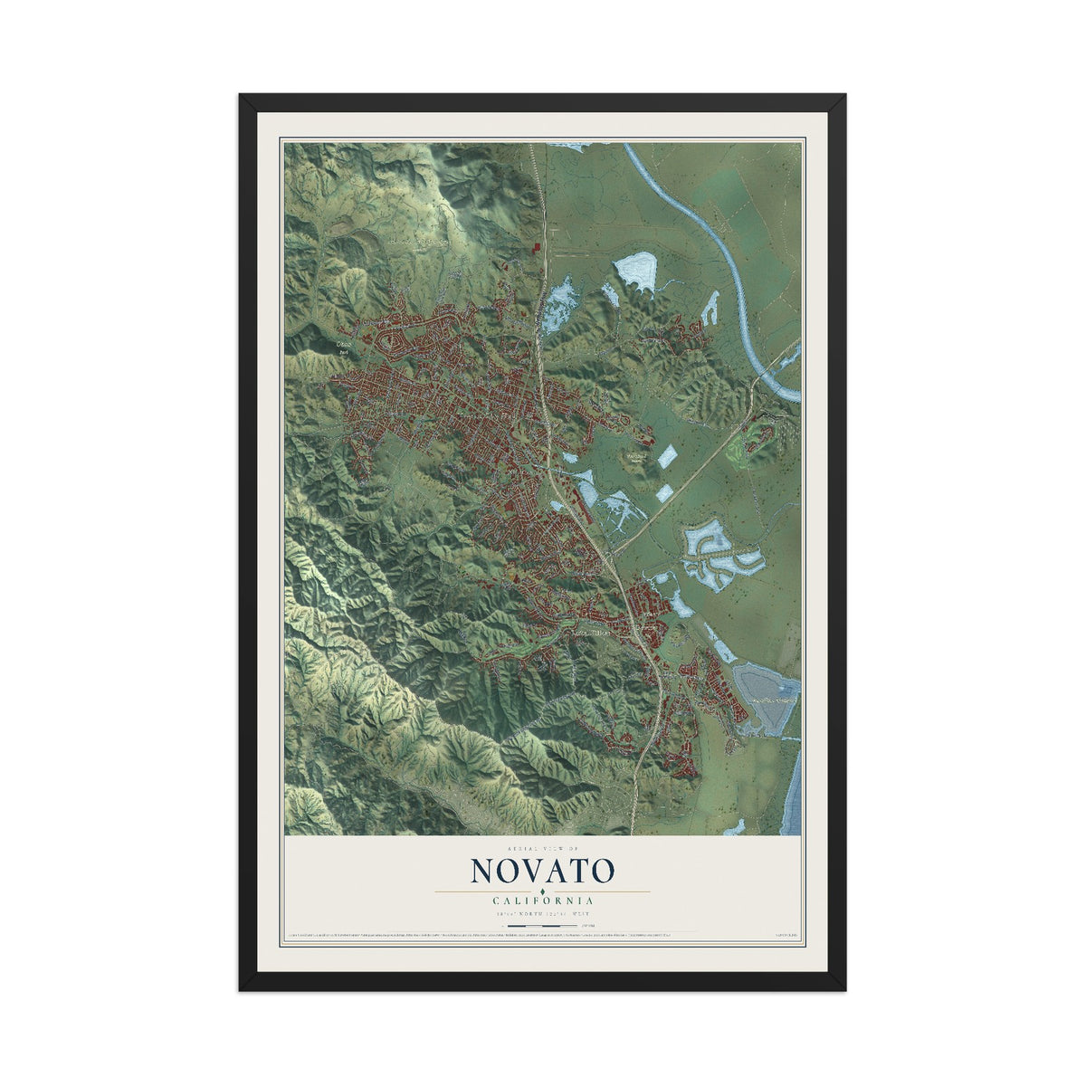 Map of Novato, California, 12 x 18 inch print in a black wood frame