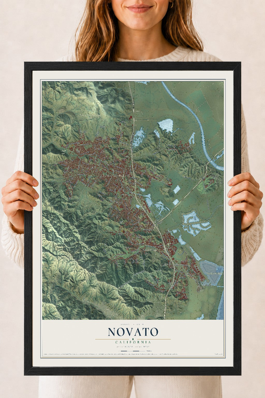 Map of Novato, California, 18 x 24 inch print in a black wood frame