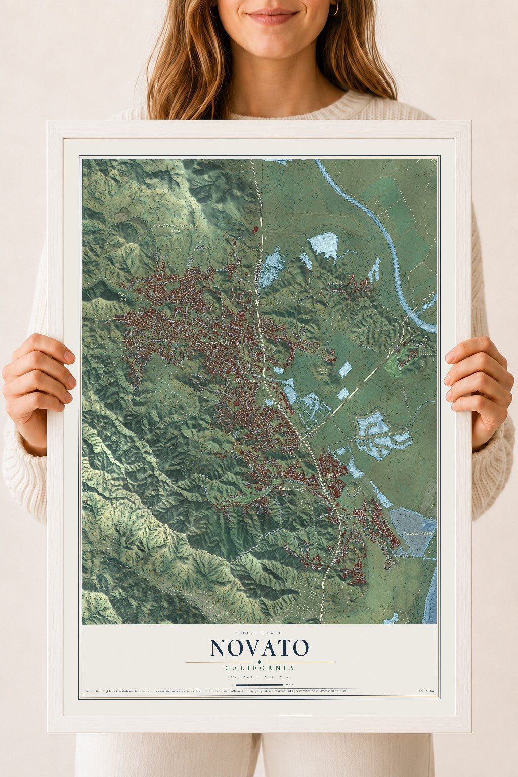 Map of Novato, California, 18 x 24 inch print in a white wood frame