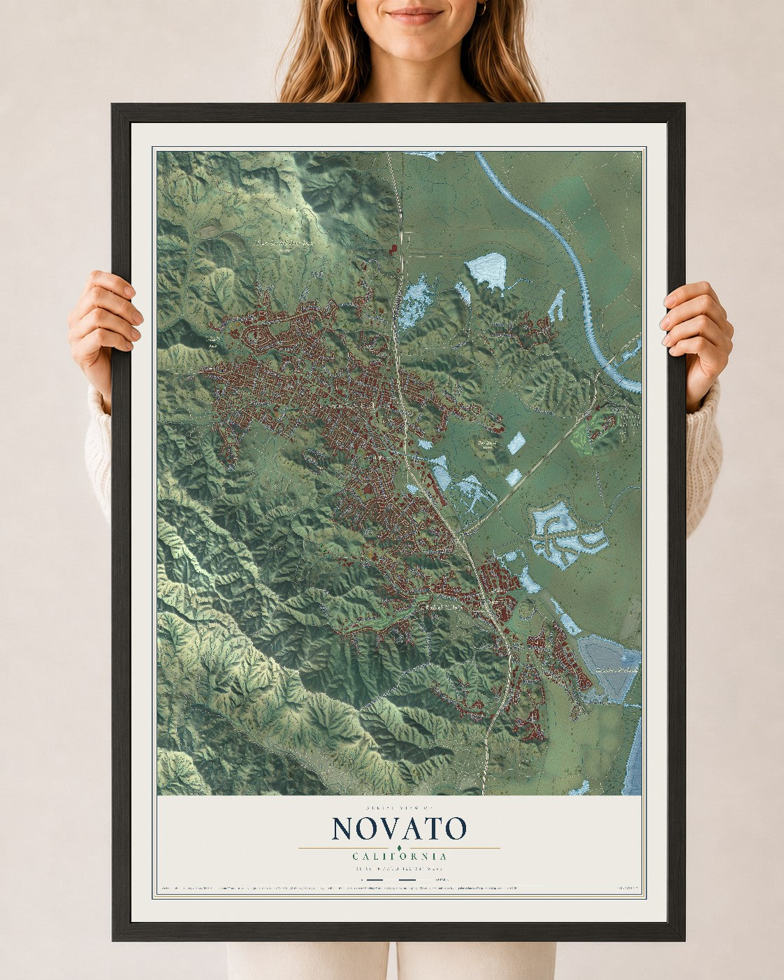 Map of Novato, California, 24 x 36 inch print in a black wood frame