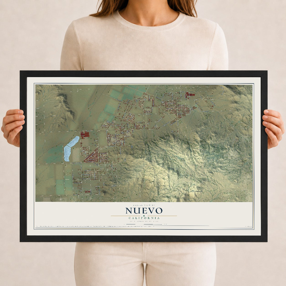 Map of Nuevo, California, 12 x 18 inch print in a black wood frame