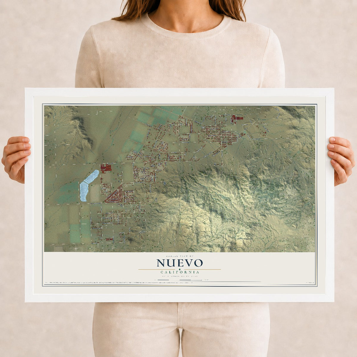 Map of Nuevo, California, 12 x 18 inch print in a white wood frame