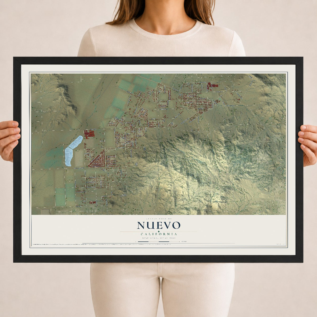 Map of Nuevo, California, 18 x 24 inch print in a black wood frame