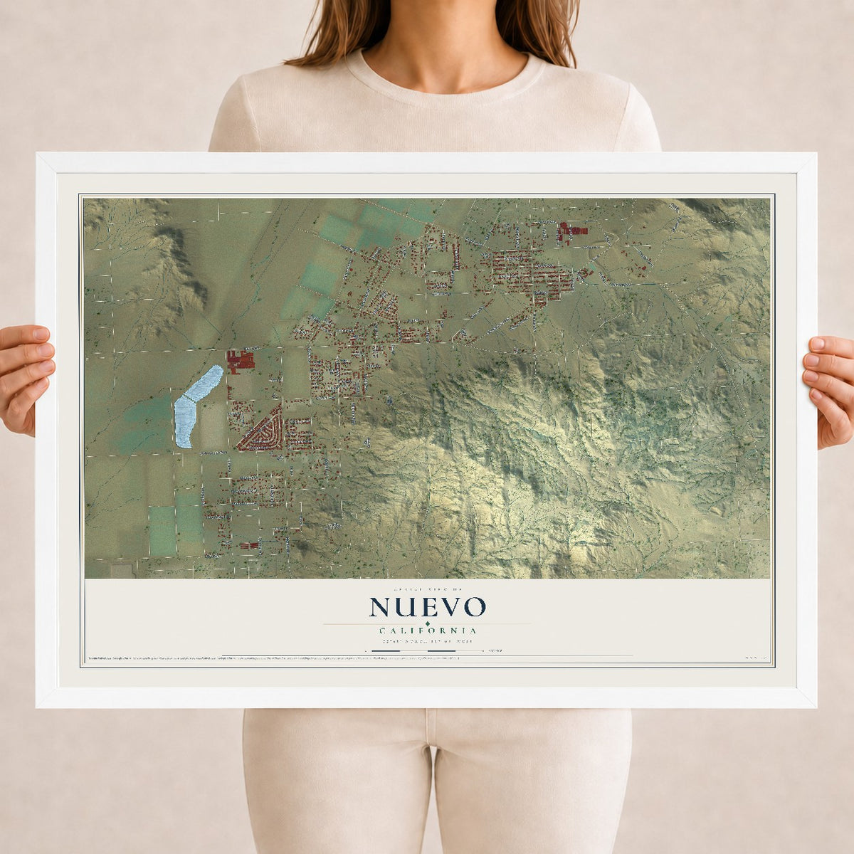 Map of Nuevo, California, 18 x 24 inch print in a white wood frame