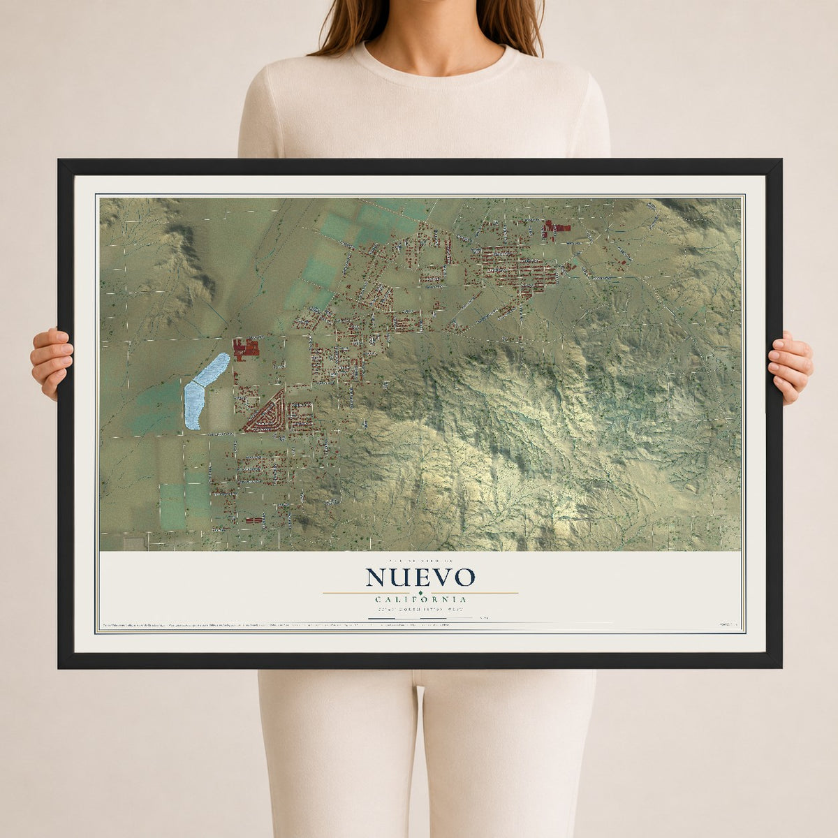 Map of Nuevo, California, 24 x 36 inch print in a black wood frame