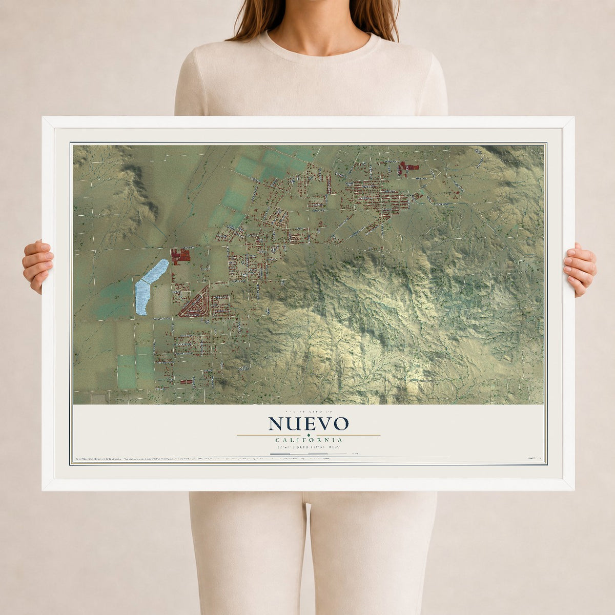 Map of Nuevo, California, 24 x 36 inch print in a white wood frame