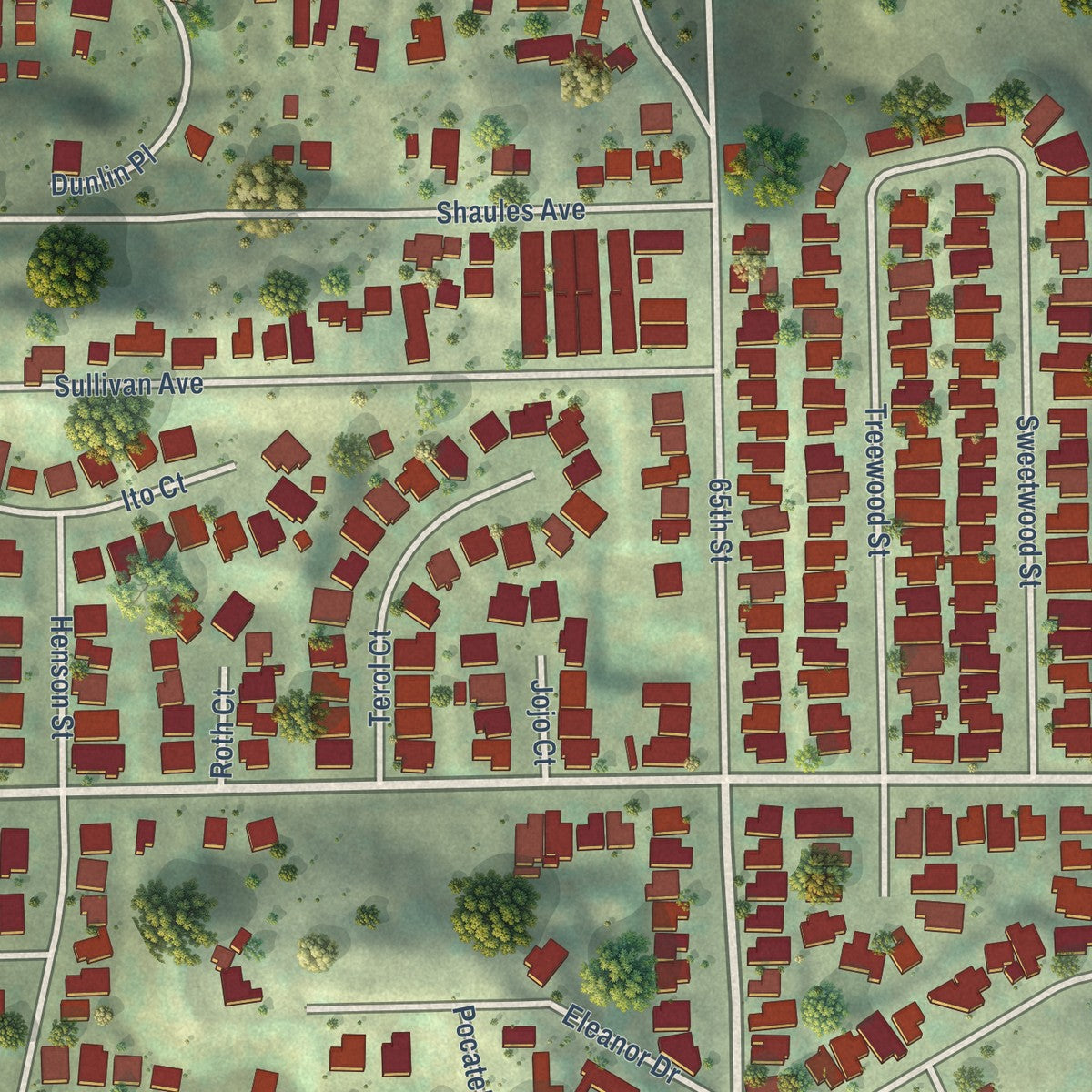 Close-up of the map of O'Farrell, California print showing street and building detail