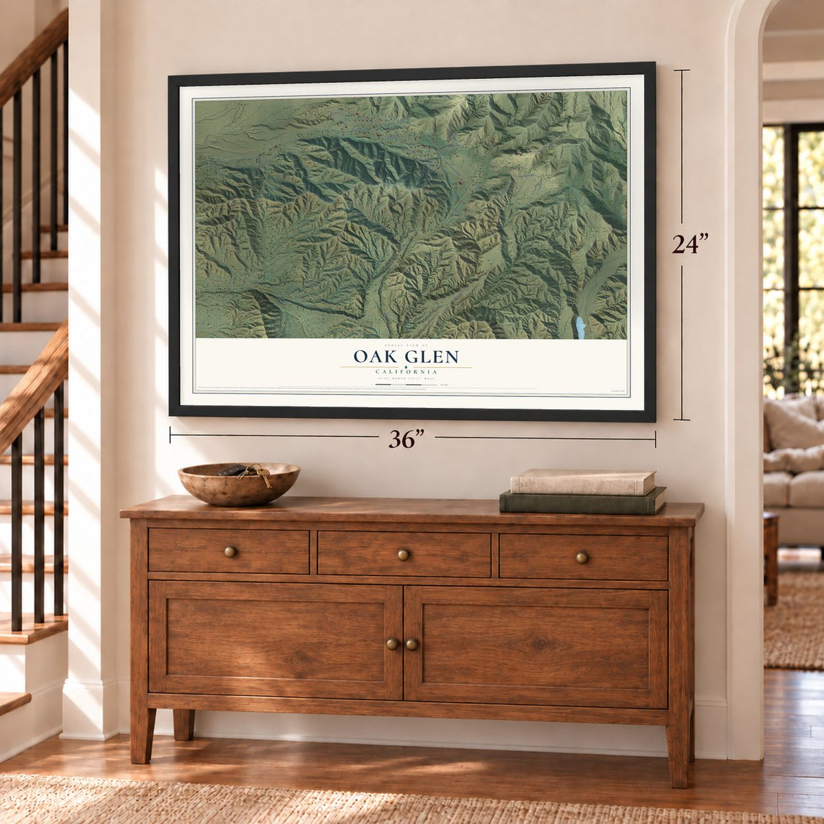 Oak Glen, California map, 24 x 36 inch print in a black frame above a dresser by a staircase