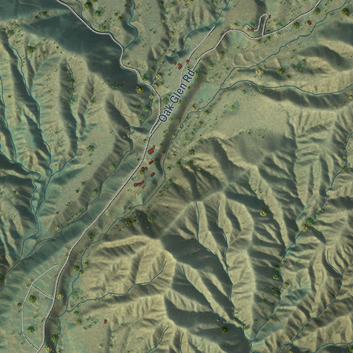 Close-up of the map of Oak Glen, California print showing street and building detail