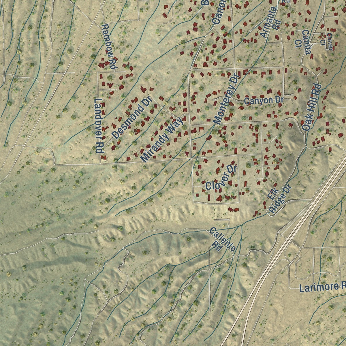 Close-up of the map of Oak Hills, California print showing street and building detail