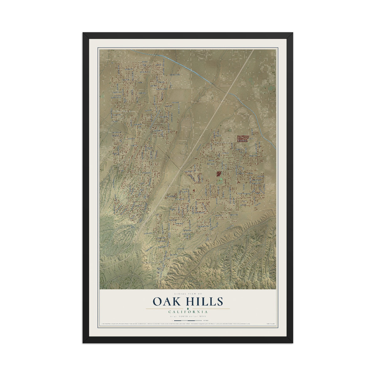 Map of Oak Hills, California, 12 x 18 inch print in a black wood frame