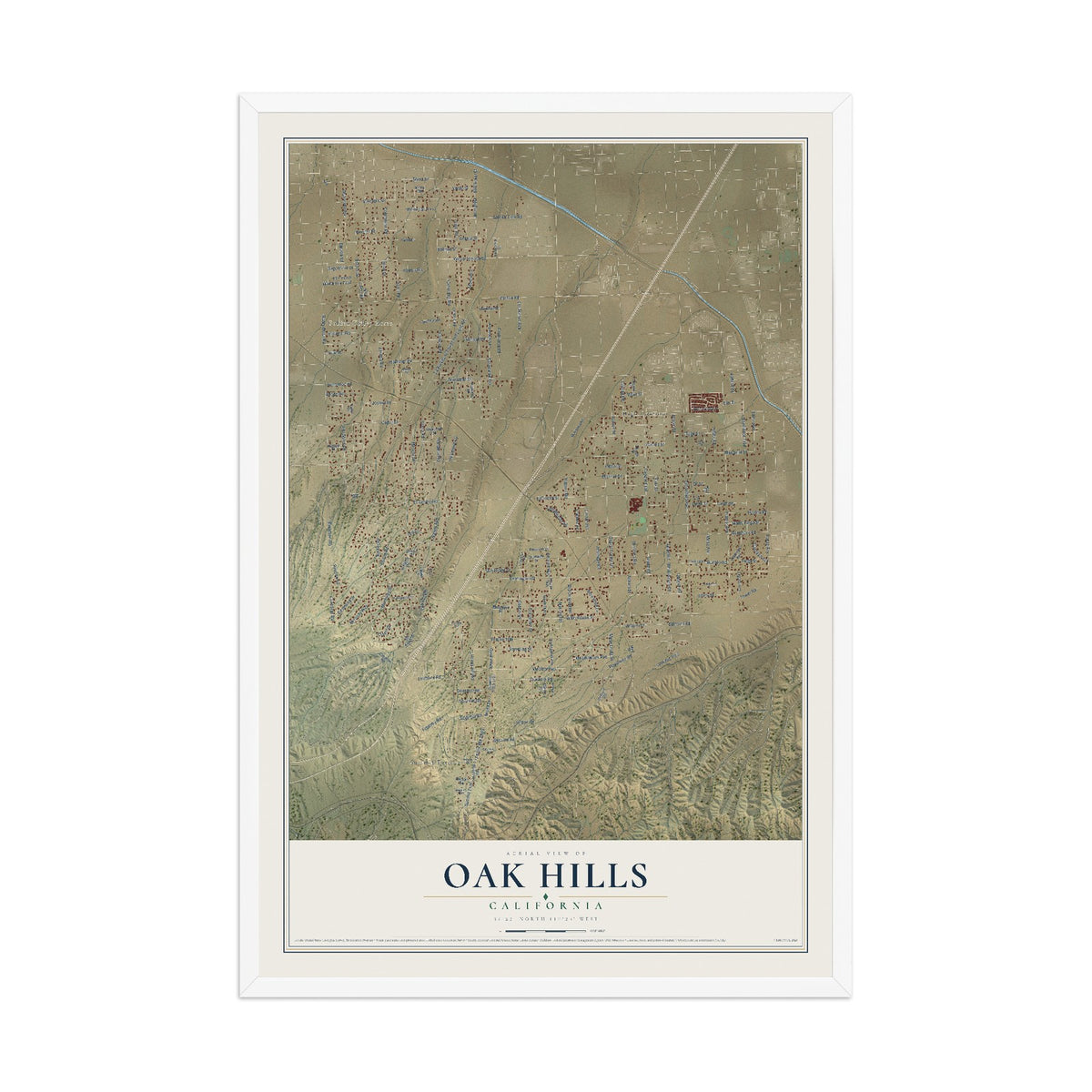 Map of Oak Hills, California, 12 x 18 inch print in a white wood frame