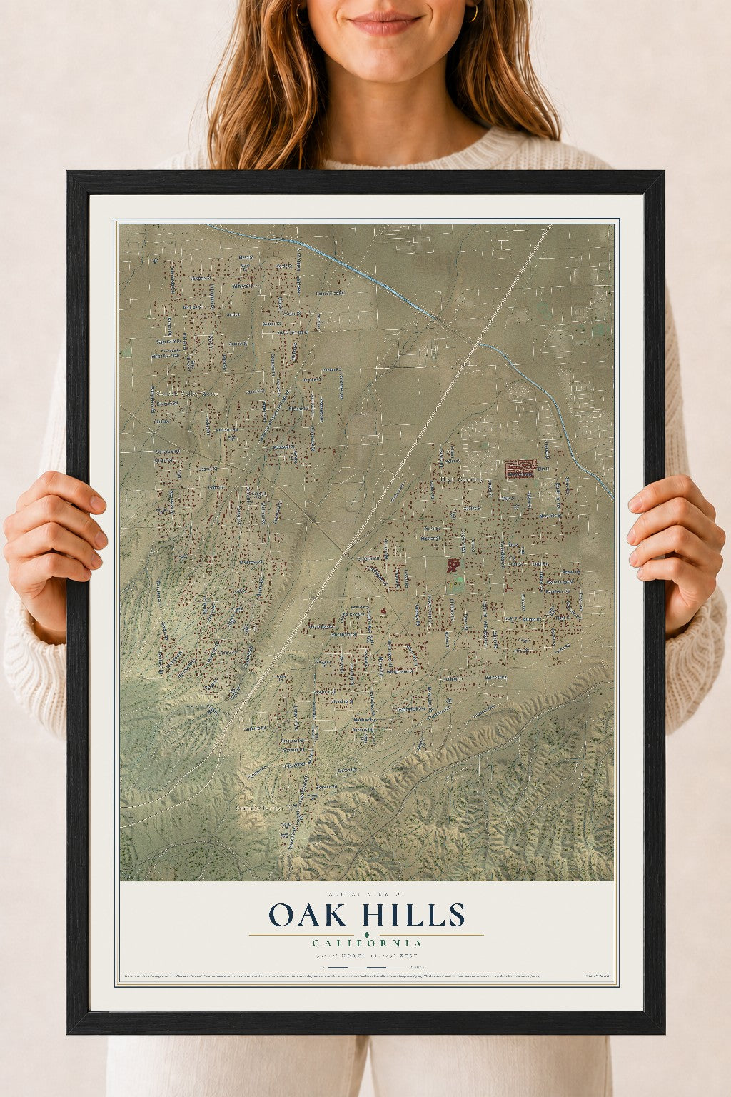 Map of Oak Hills, California, 18 x 24 inch print in a black wood frame