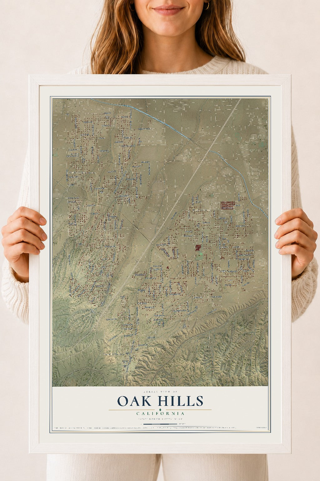 Map of Oak Hills, California, 18 x 24 inch print in a white wood frame