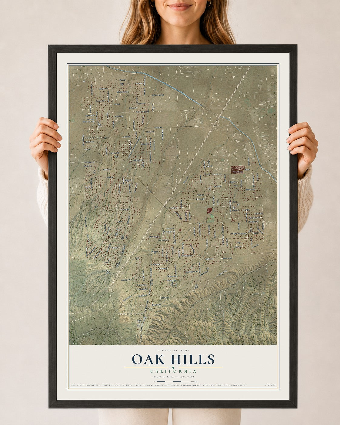 Map of Oak Hills, California, 24 x 36 inch print in a black wood frame