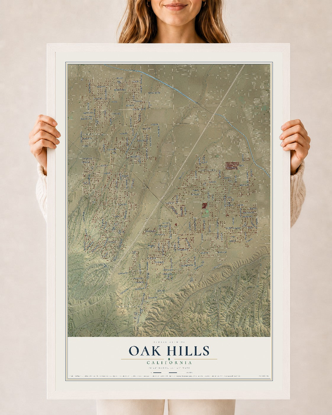 Map of Oak Hills, California, 24 x 36 inch print in a white wood frame