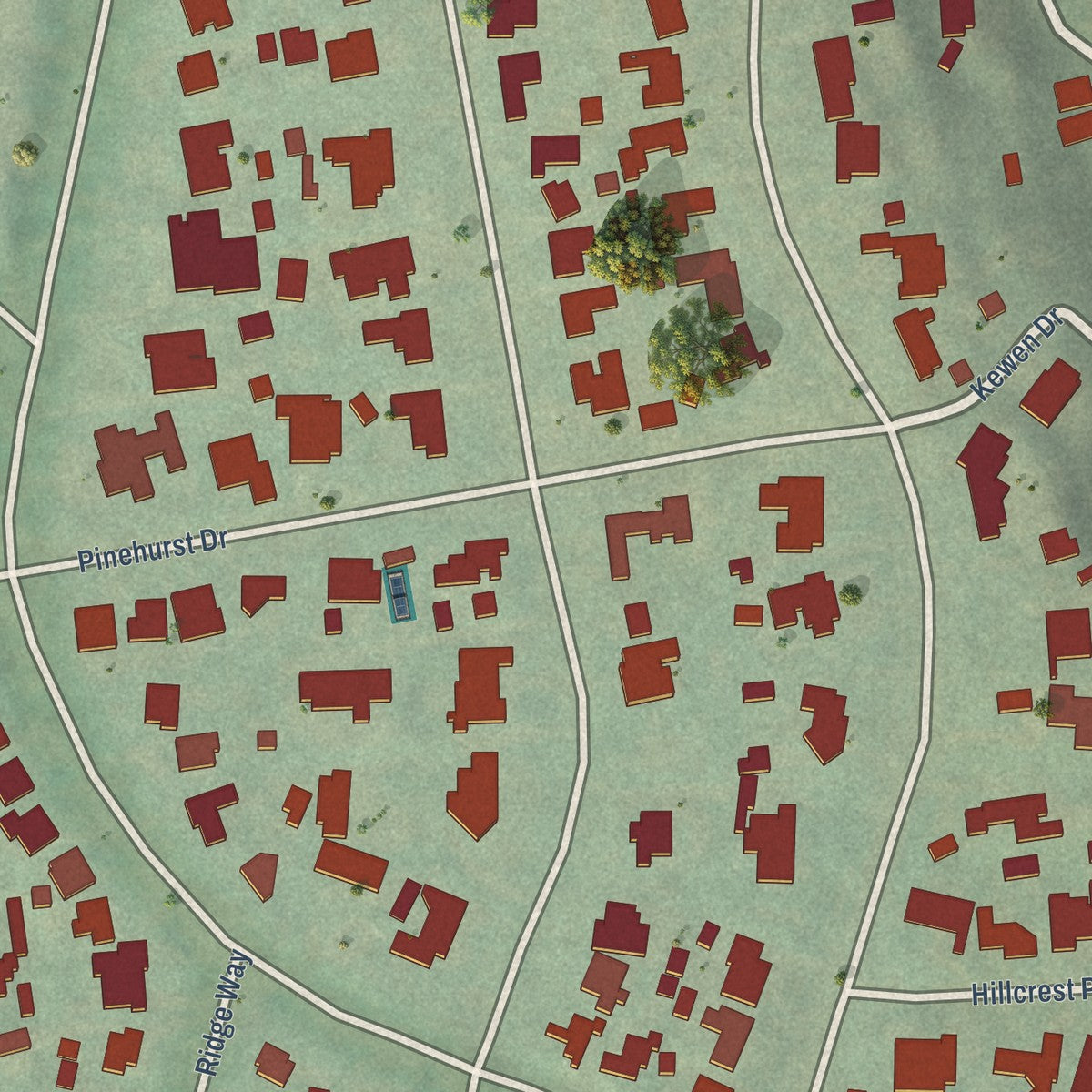 Close-up of the map of Oak Knoll, California print showing street and building detail