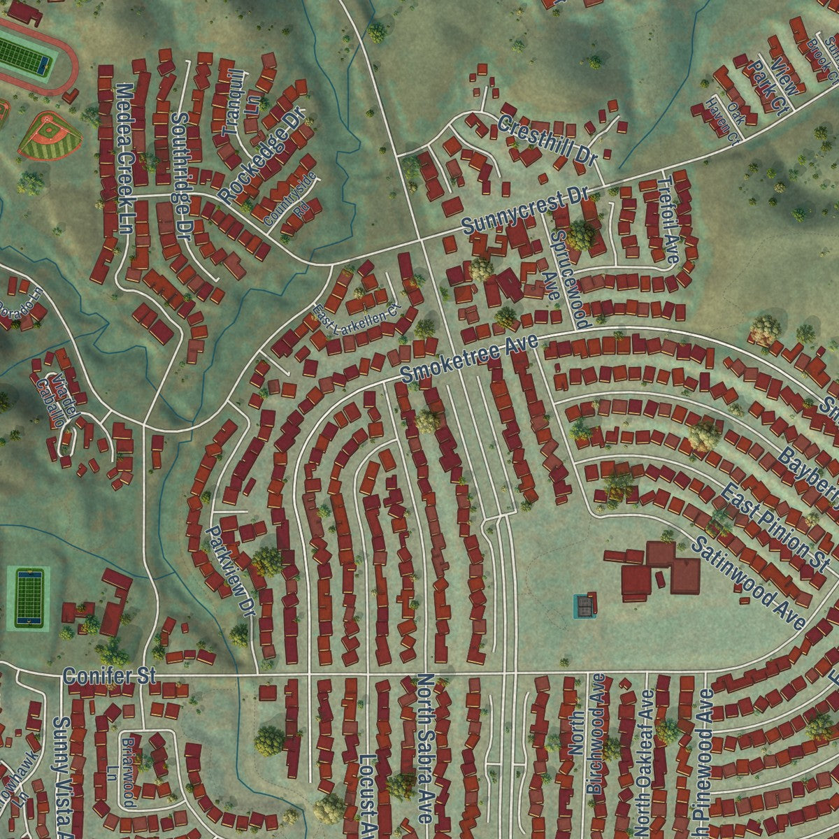 Close-up of the map of Oak Park, California print showing street and building detail