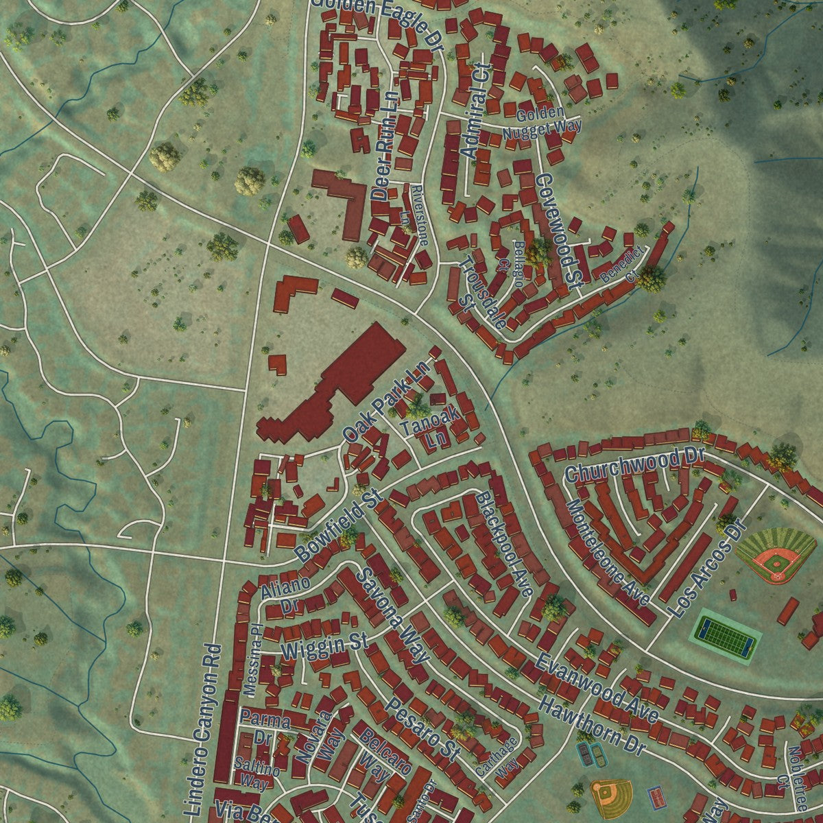 Second close-up of the map of Oak Park, California print showing more streets and buildings