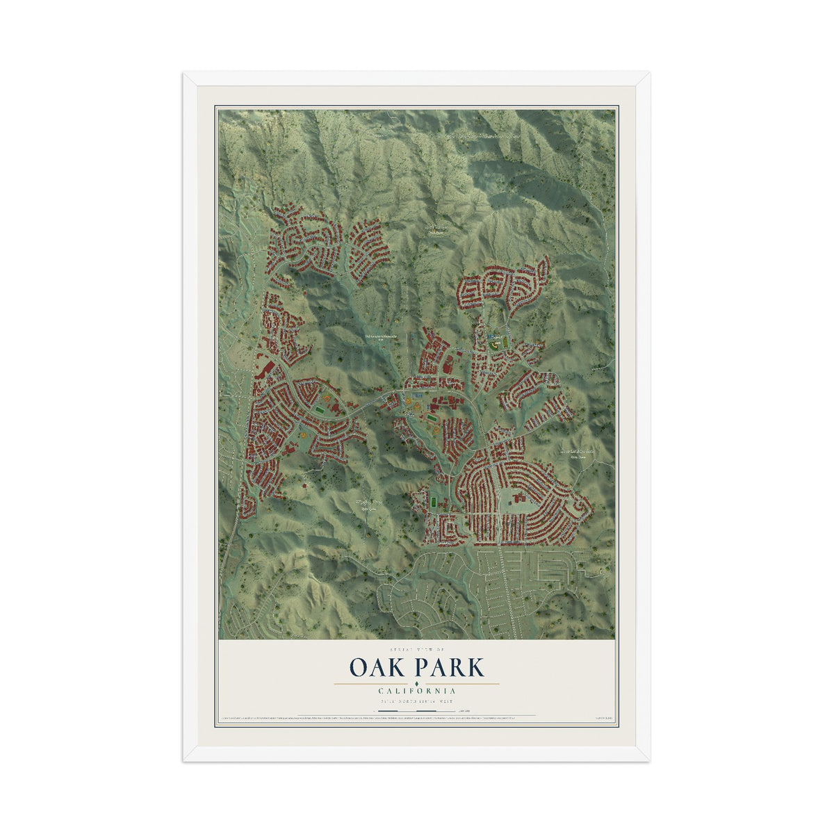Map of Oak Park, California, 12 x 18 inch print in a white wood frame