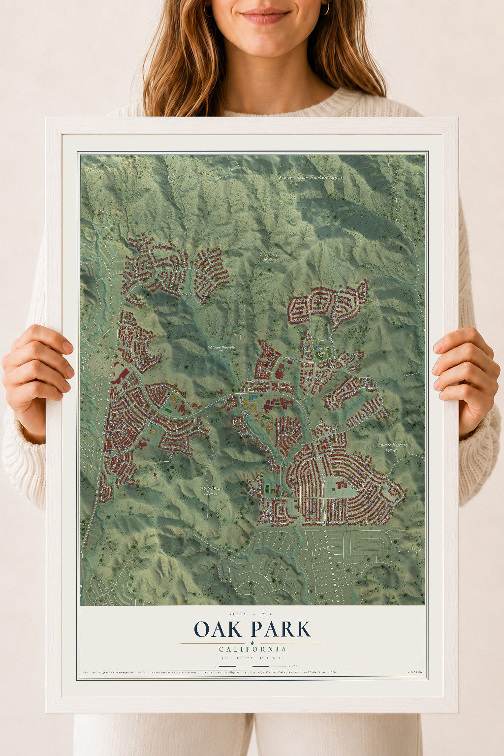 Map of Oak Park, California, 18 x 24 inch print in a white wood frame