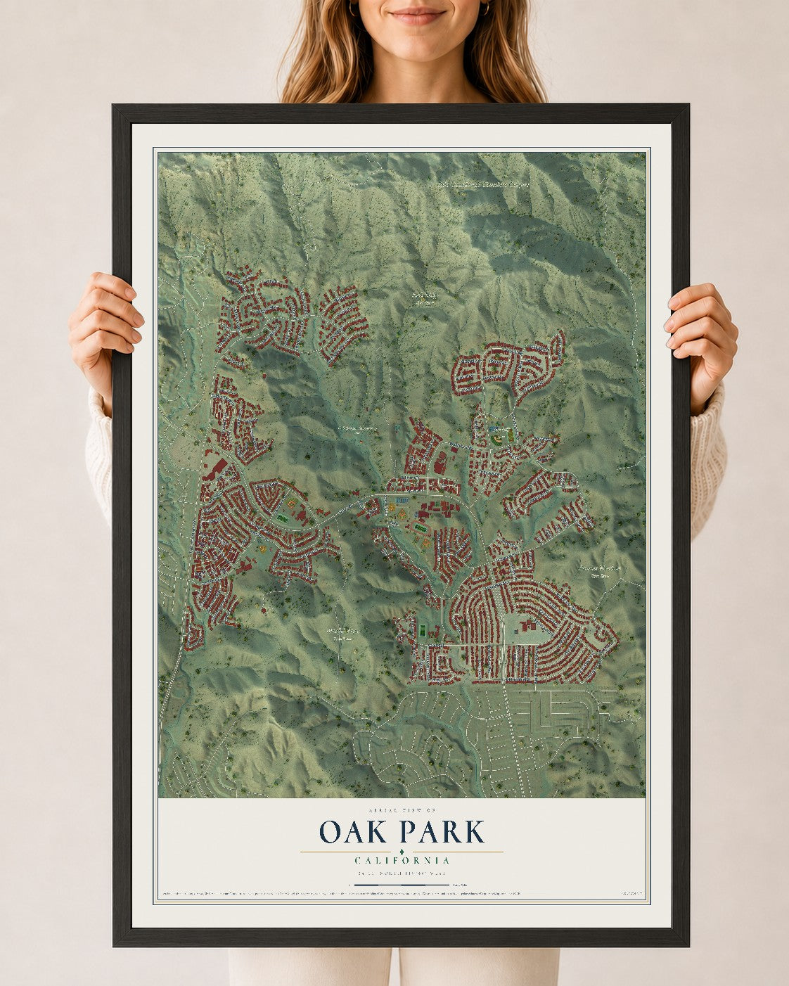 Map of Oak Park, California, 24 x 36 inch print in a black wood frame
