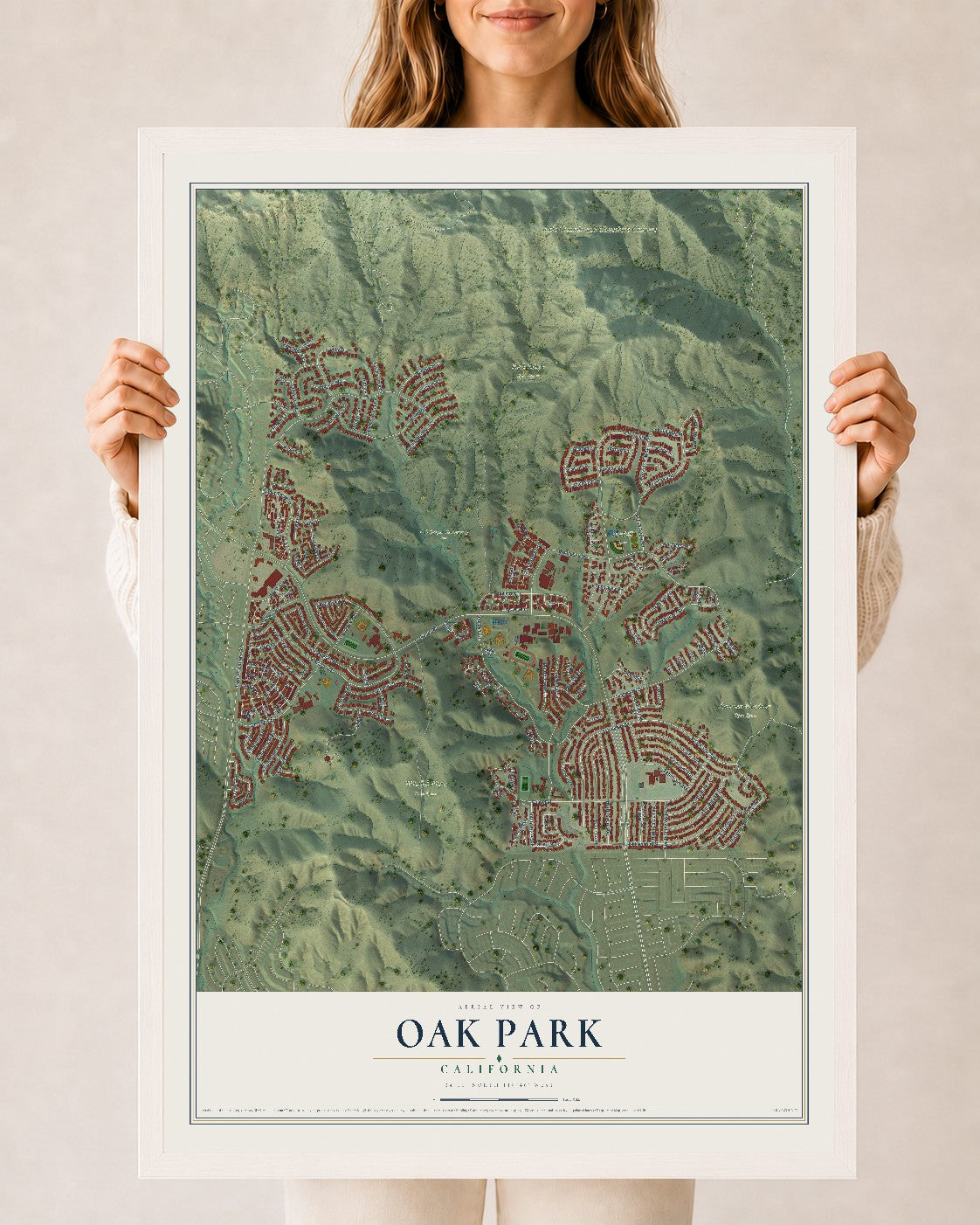 Map of Oak Park, California, 24 x 36 inch print in a white wood frame