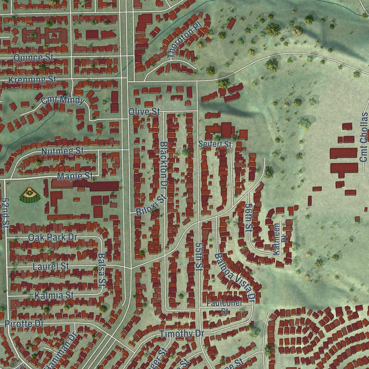 Close-up of the map of Oak Park, San Diego, California print showing street and building detail