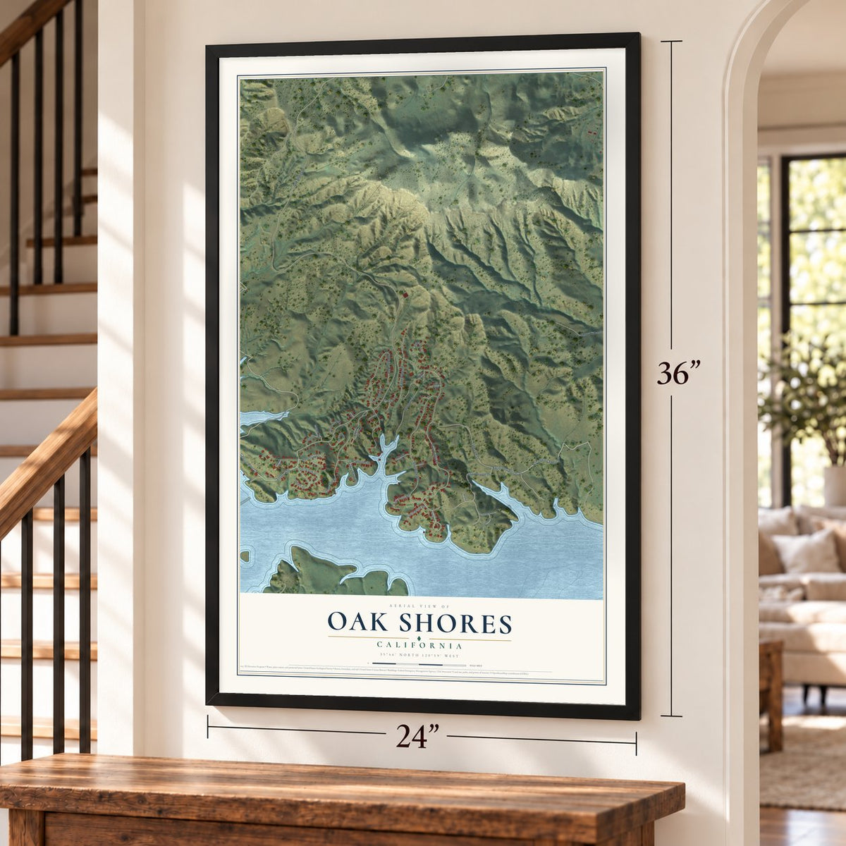 Oak Shores, California map, 24 x 36 inch print in a black frame by a staircase