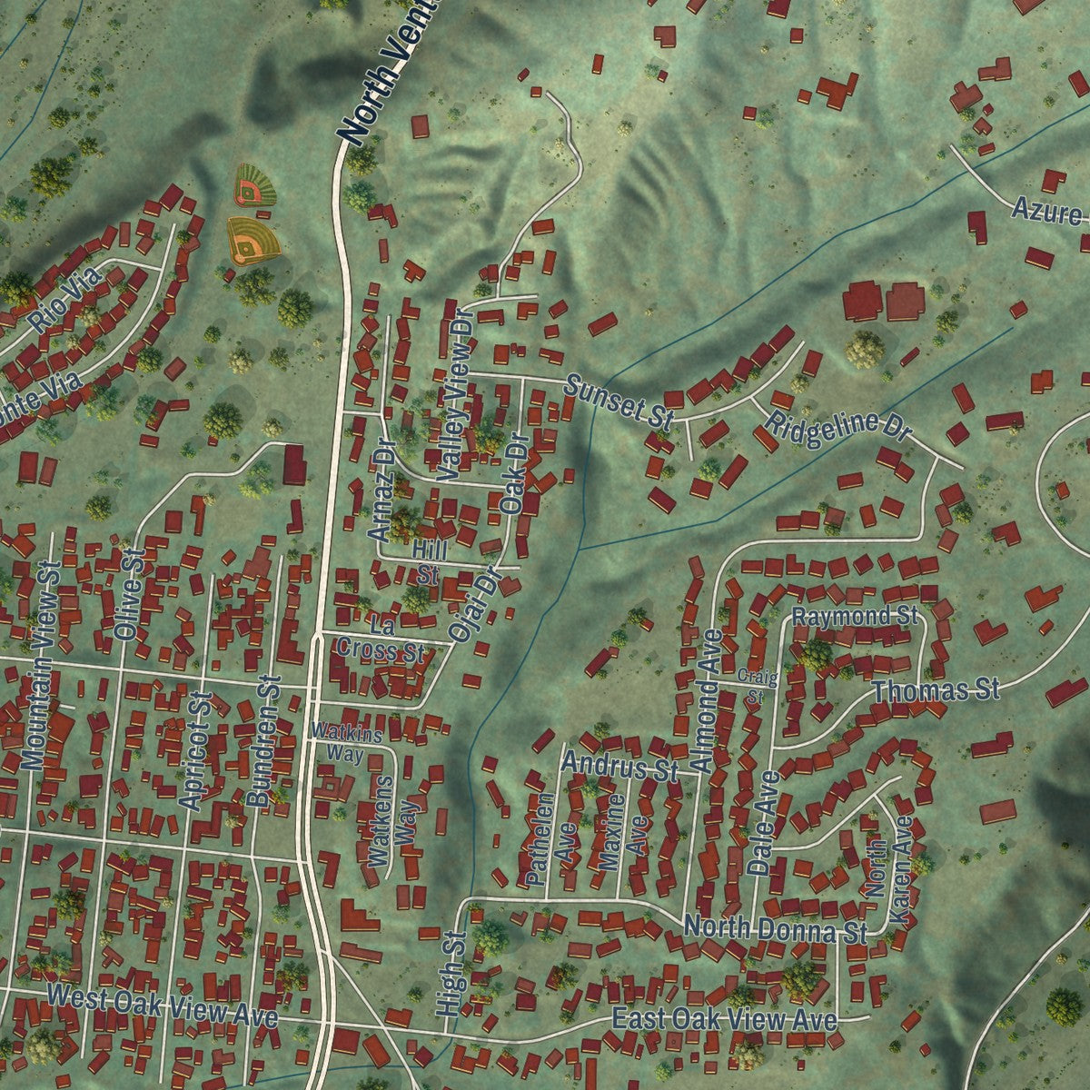 Close-up of the map of Oak View, California print showing street and building detail