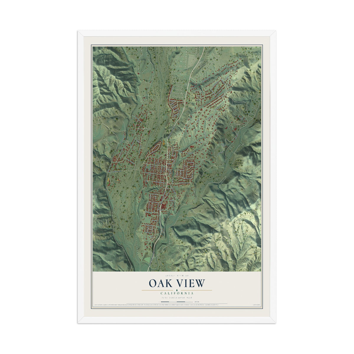 Map of Oak View, California, 12 x 18 inch print in a white wood frame