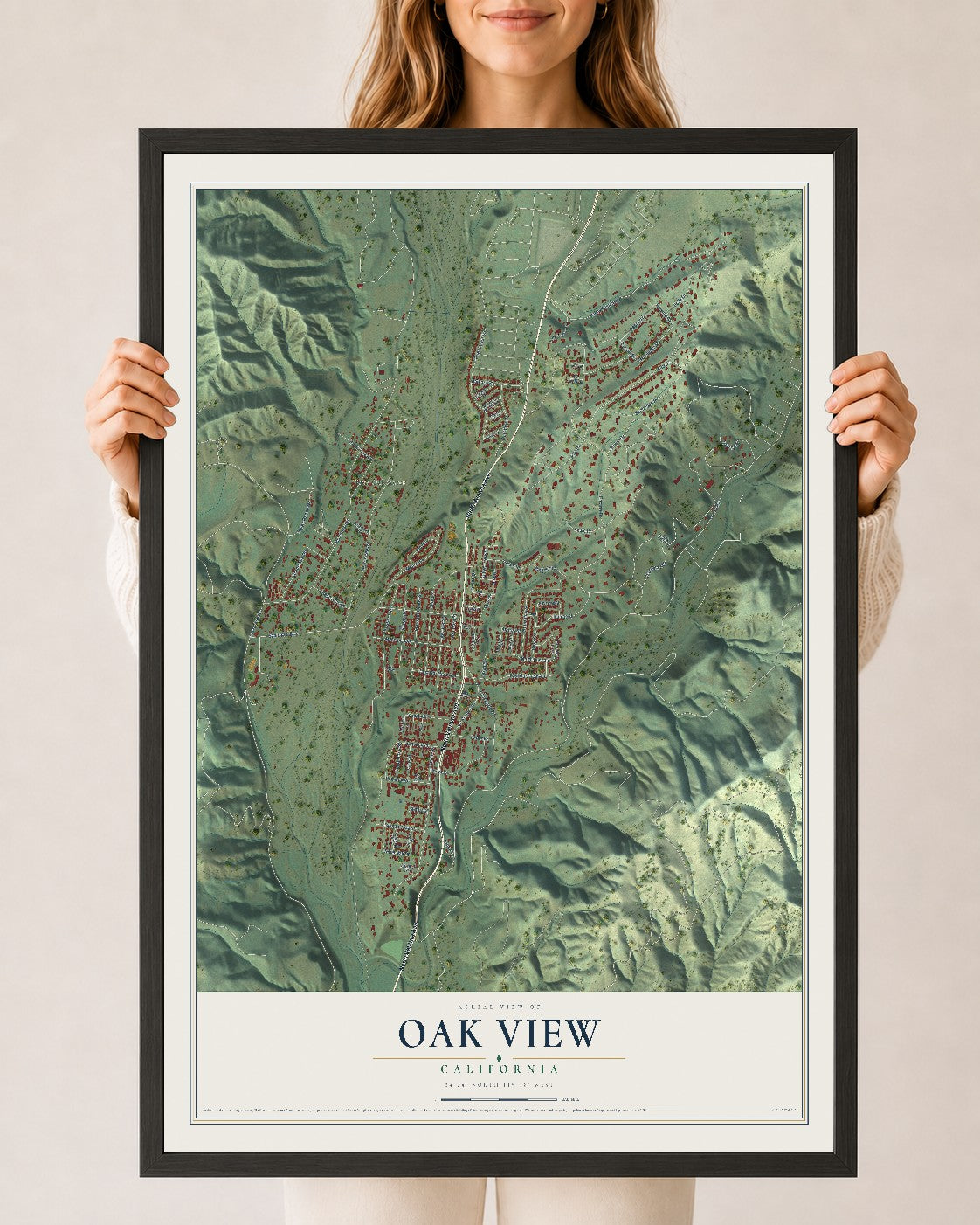 Map of Oak View, California, 24 x 36 inch print in a black wood frame
