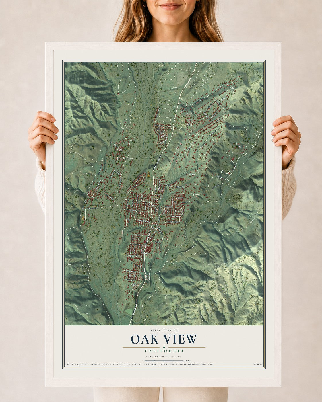 Map of Oak View, California, 24 x 36 inch print in a white wood frame