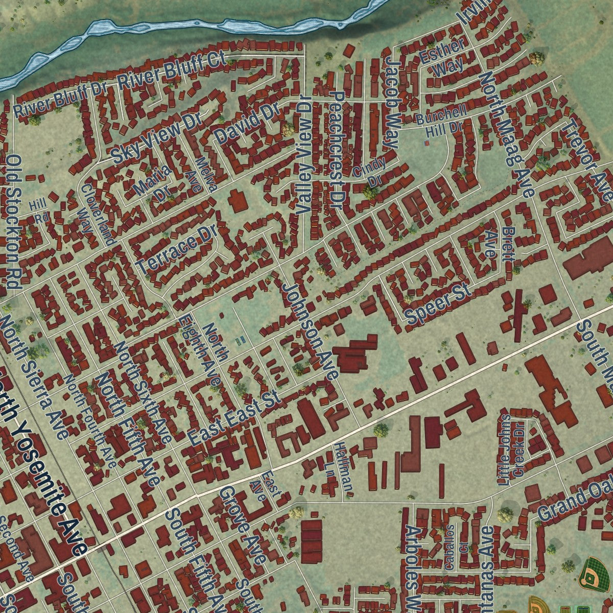 Close-up of the map of Oakdale, California print showing street and building detail