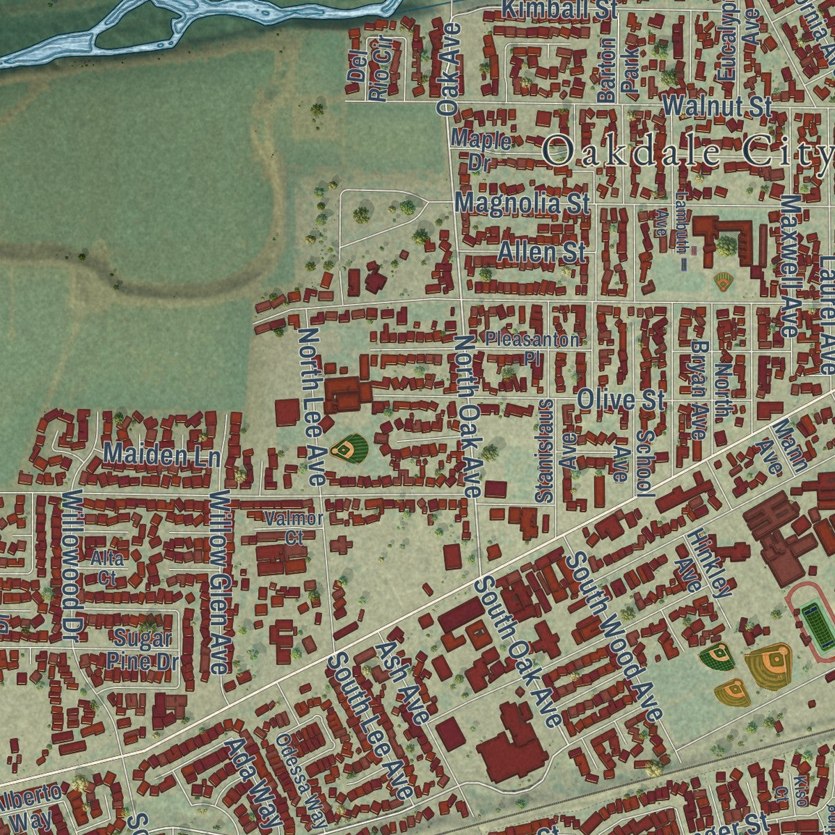 Second close-up of the map of Oakdale, California print showing more streets and buildings
