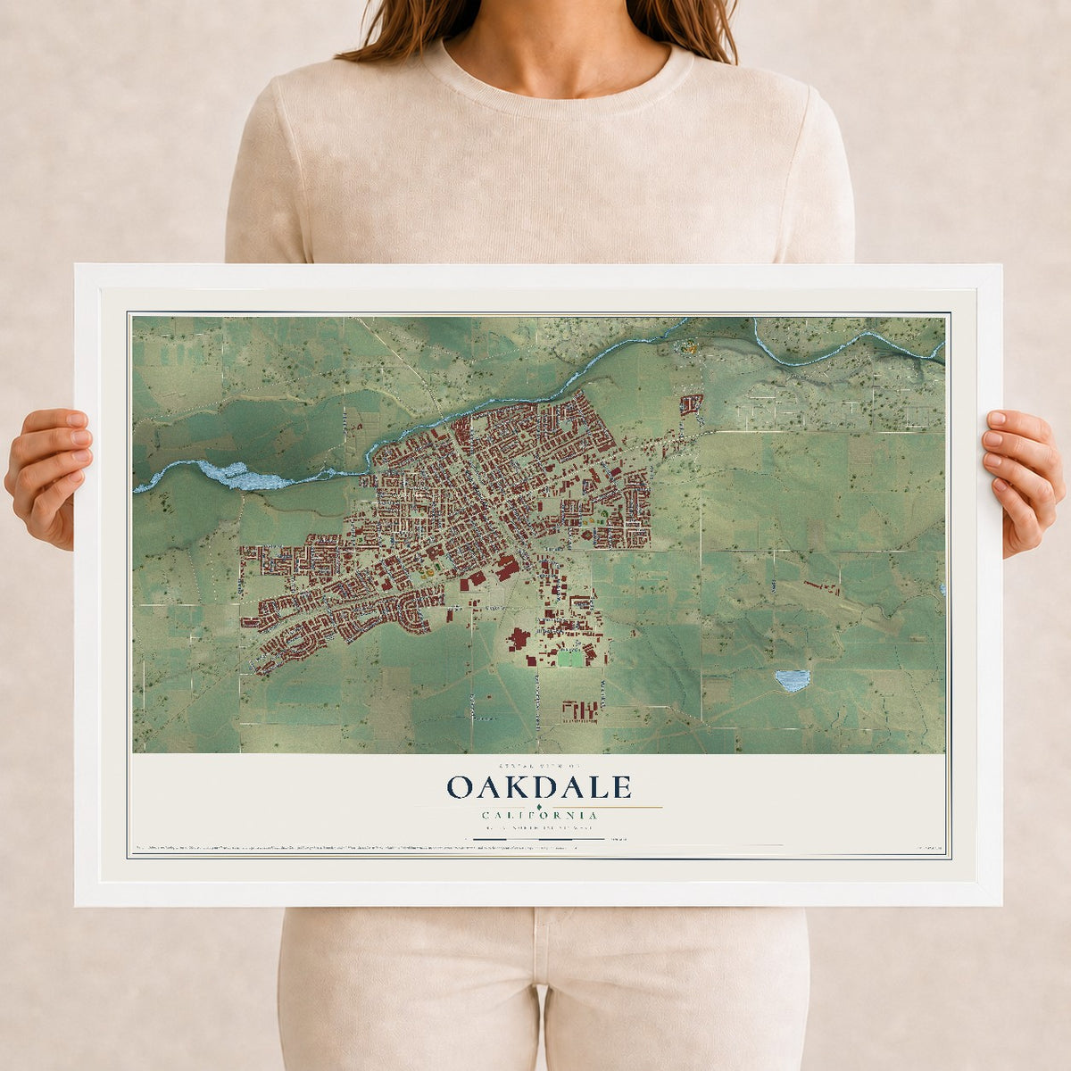 Map of Oakdale, California, 12 x 18 inch print in a white wood frame