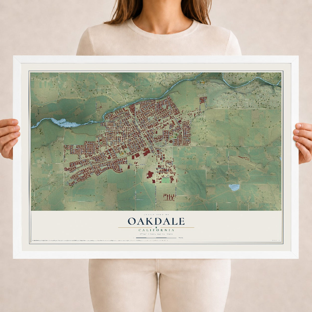 Map of Oakdale, California, 18 x 24 inch print in a white wood frame