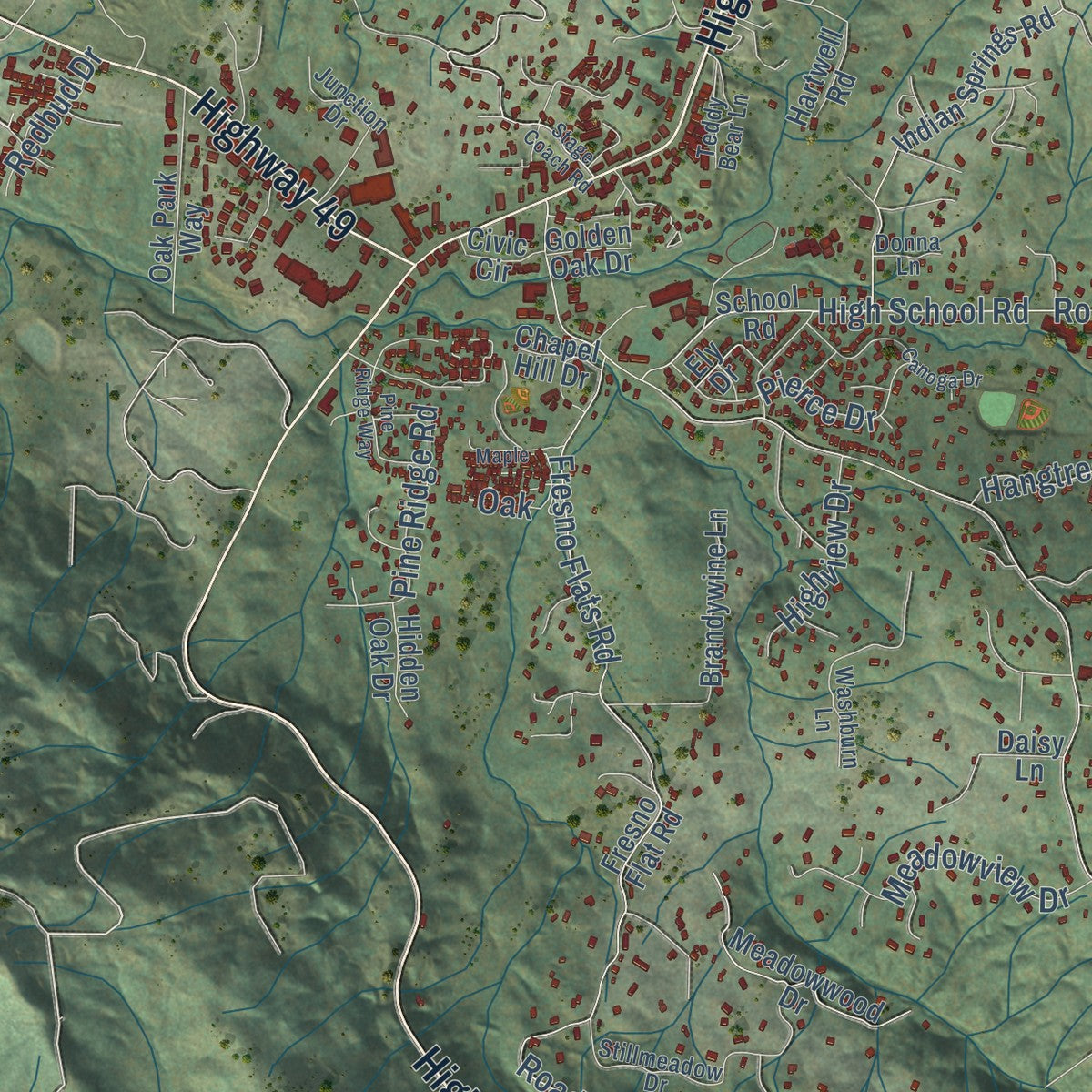 Close-up of the map of Oakhurst, California print showing street and building detail