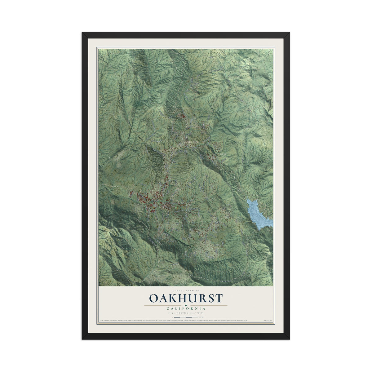 Map of Oakhurst, California, 12 x 18 inch print in a black wood frame