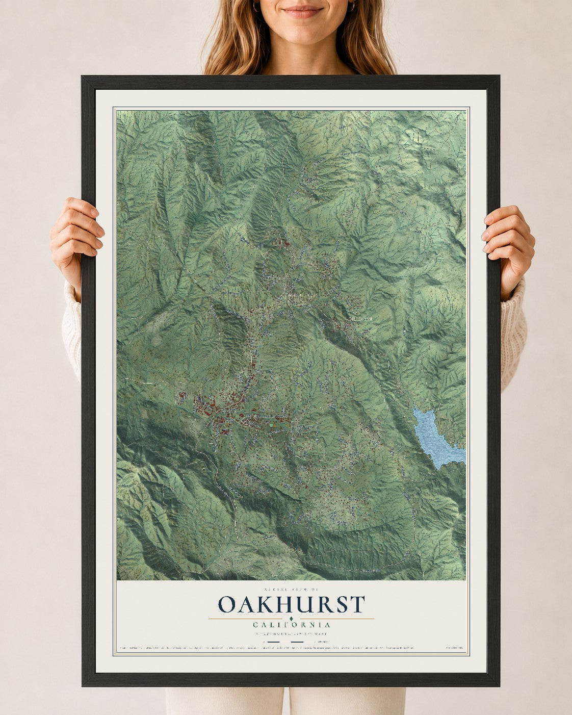 Map of Oakhurst, California, 24 x 36 inch print in a black wood frame