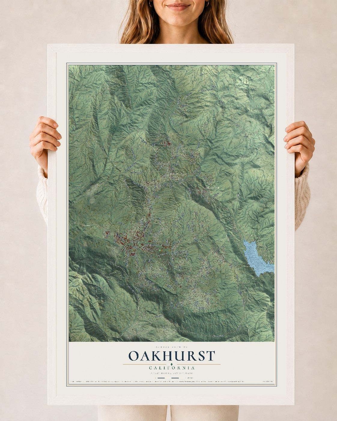 Map of Oakhurst, California, 24 x 36 inch print in a white wood frame