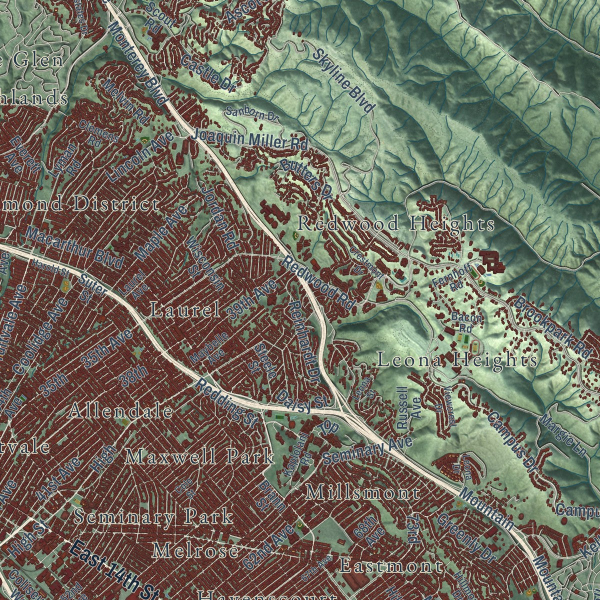 Close-up of the map of Oakland, California print showing street and building detail