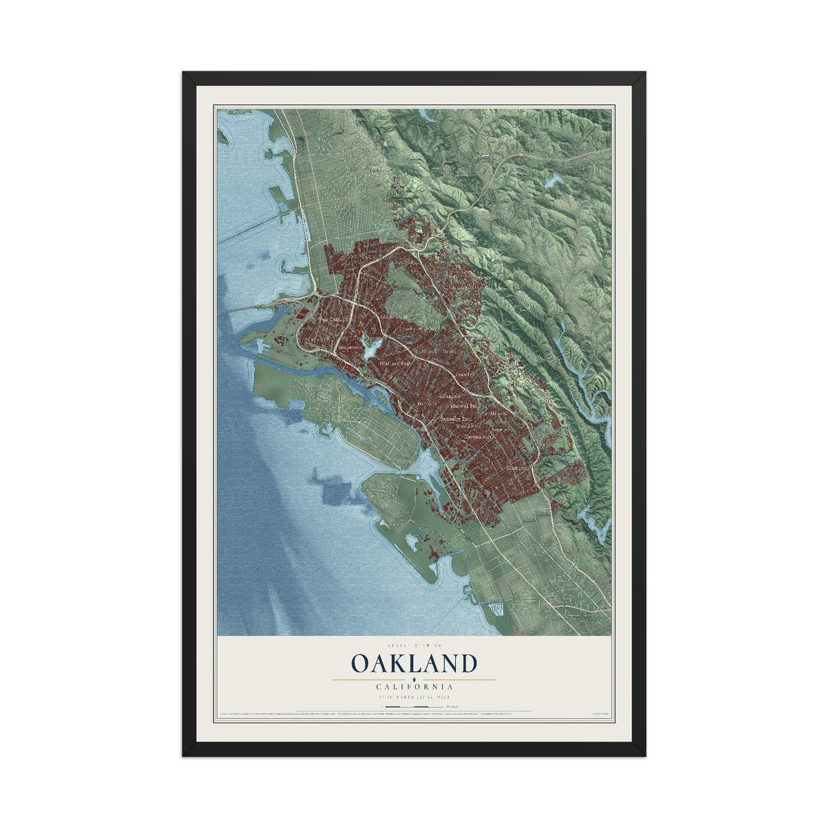 Map of Oakland, California, 12 x 18 inch print in a black wood frame