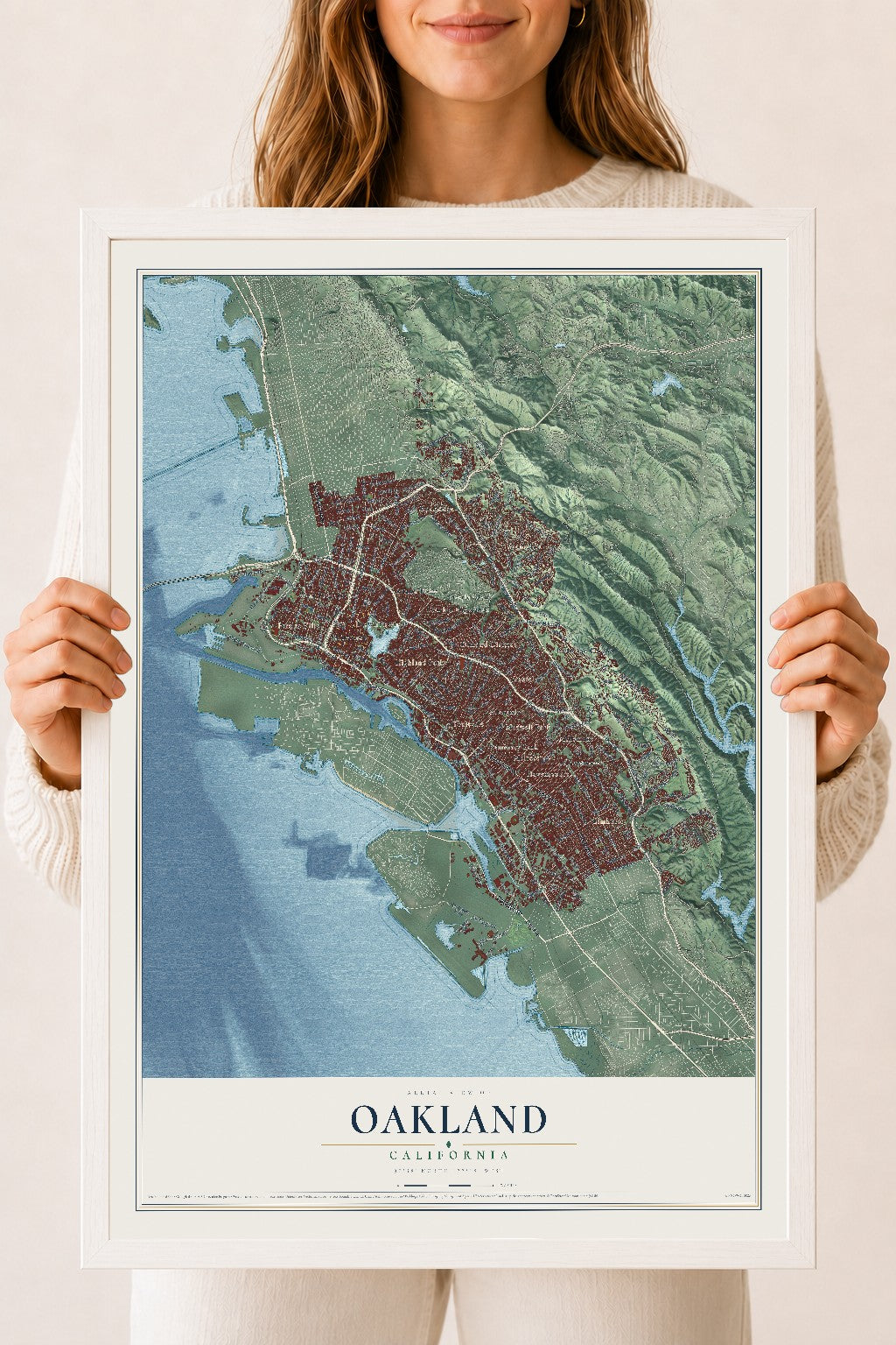 Map of Oakland, California, 18 x 24 inch print in a white wood frame