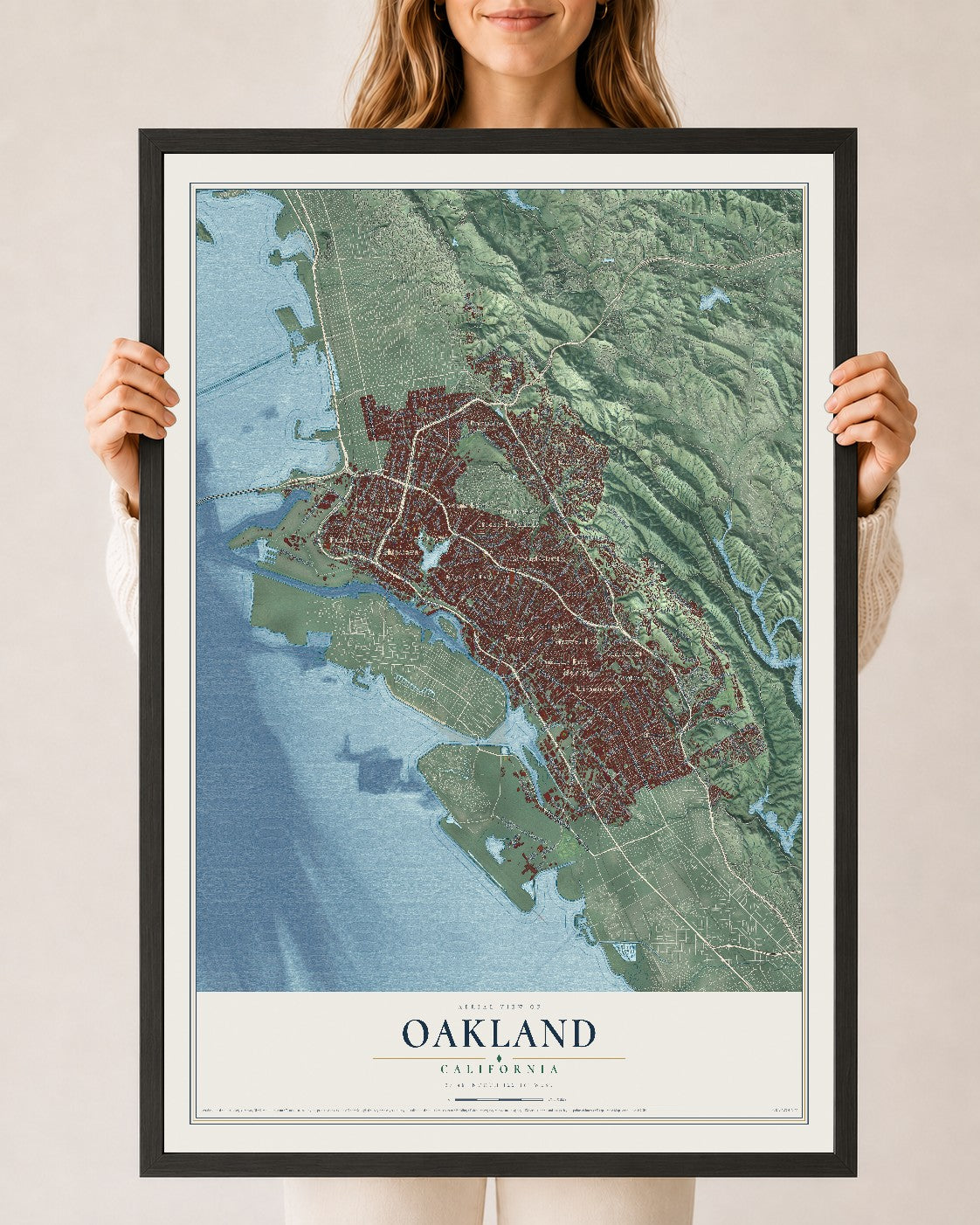 Map of Oakland, California, 24 x 36 inch print in a black wood frame