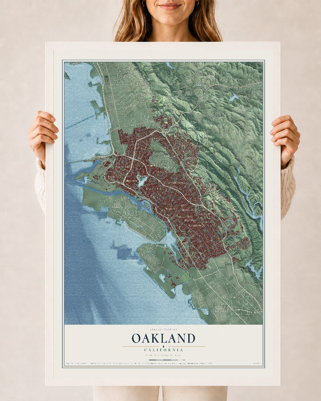 Map of Oakland, California, 24 x 36 inch print in a white wood frame