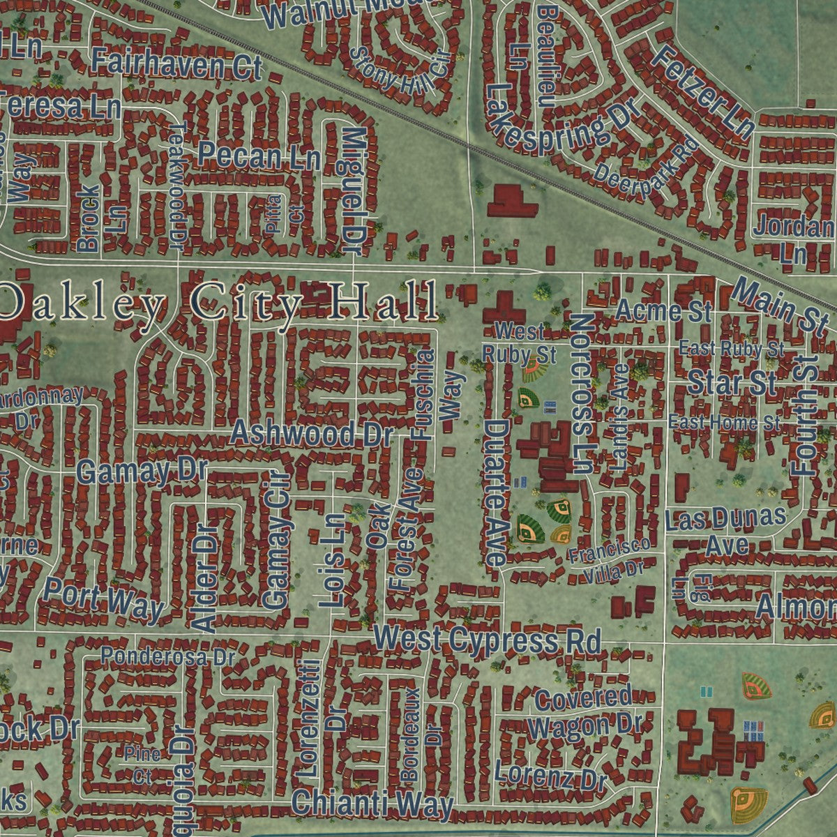 Close-up of the map of Oakley, California print showing street and building detail