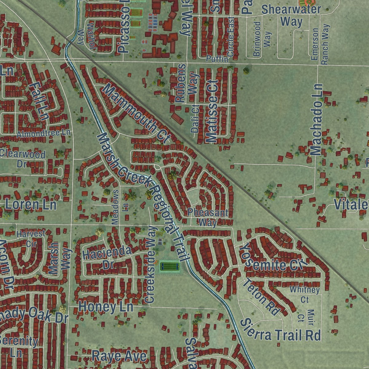 Second close-up of the map of Oakley, California print showing more streets and buildings